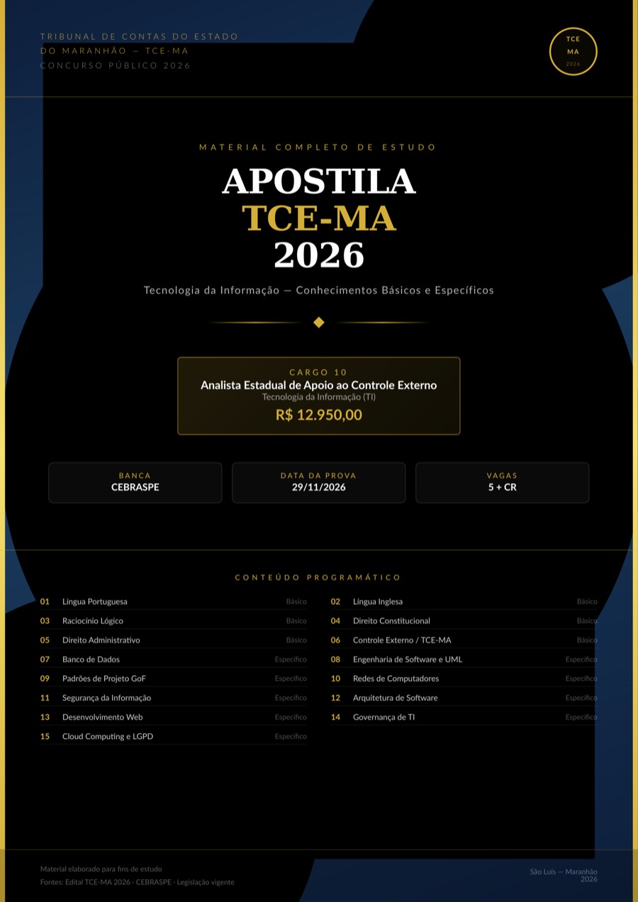 Capa da Apostila TCE-MA 2026 — Cargo 10: Analista Estadual de Apoio ao Controle Externo, Tecnologia da Informação, banca CEBRASPE